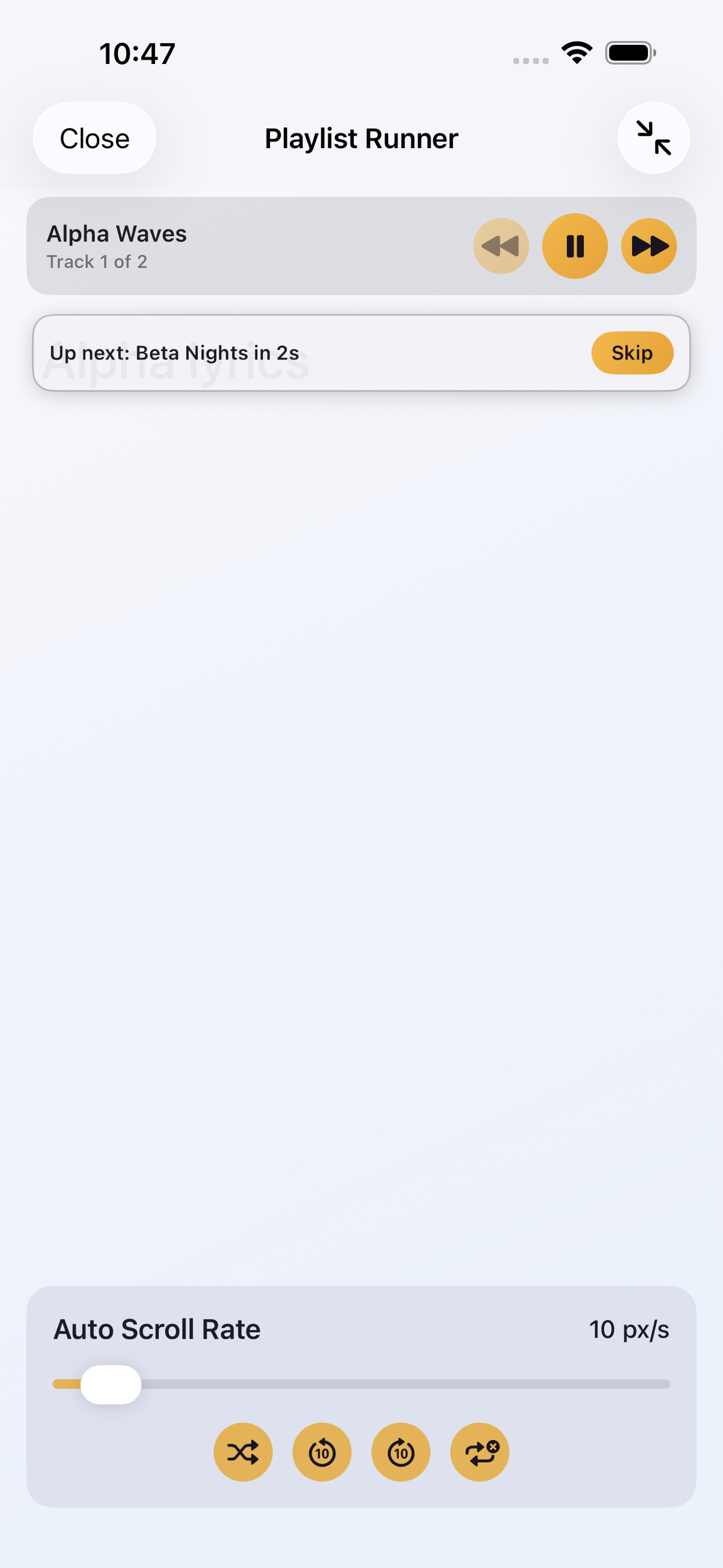 Focused playlist runner screen